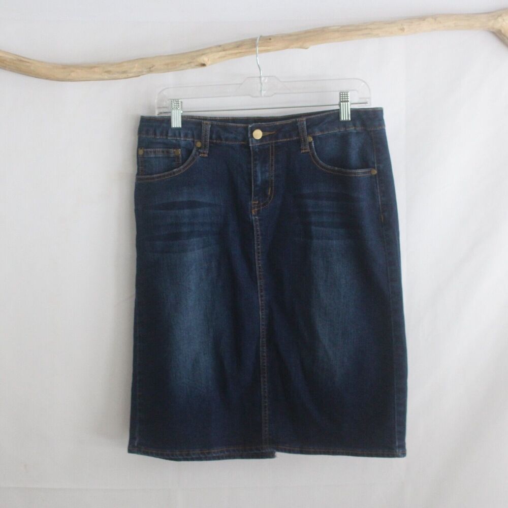 Baccini Modest Midi Blue Jean Skirt Size 8 Stretch Denim Back Slit